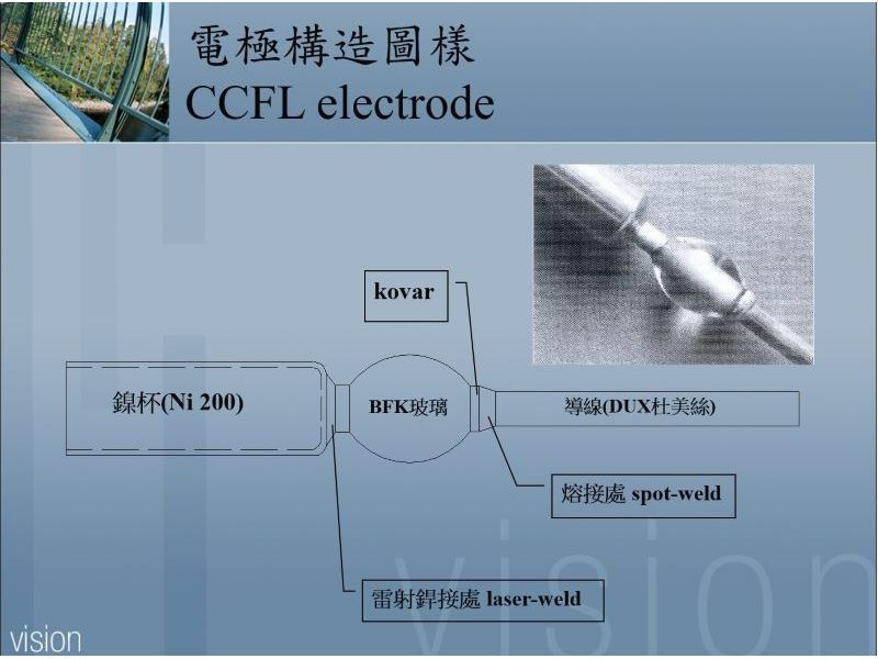 CCFL electrode ass’y by laser welding with glass beading